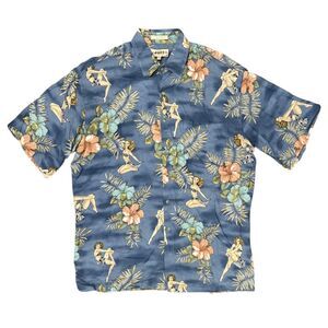 Vintage Pinup Girls Hawaiian Shirt CAMPIA MODA Floral Blue Tropical Sz M 90s 80s